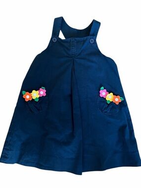 Florence Eiseman Navy Girl's Jumper Dress with Colorful Flower Pockets